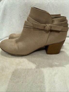 Indigo Light Taupe Suede Ankle Booties with Knot Strap